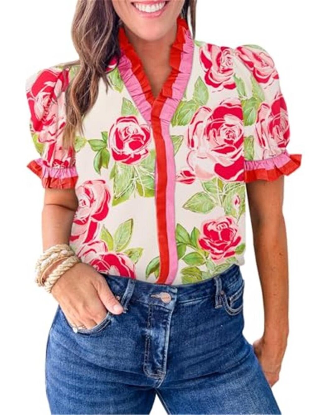 Women's Summer Floral Print Top Casual Puff Short Sleeve Ruffle Boho Blouse